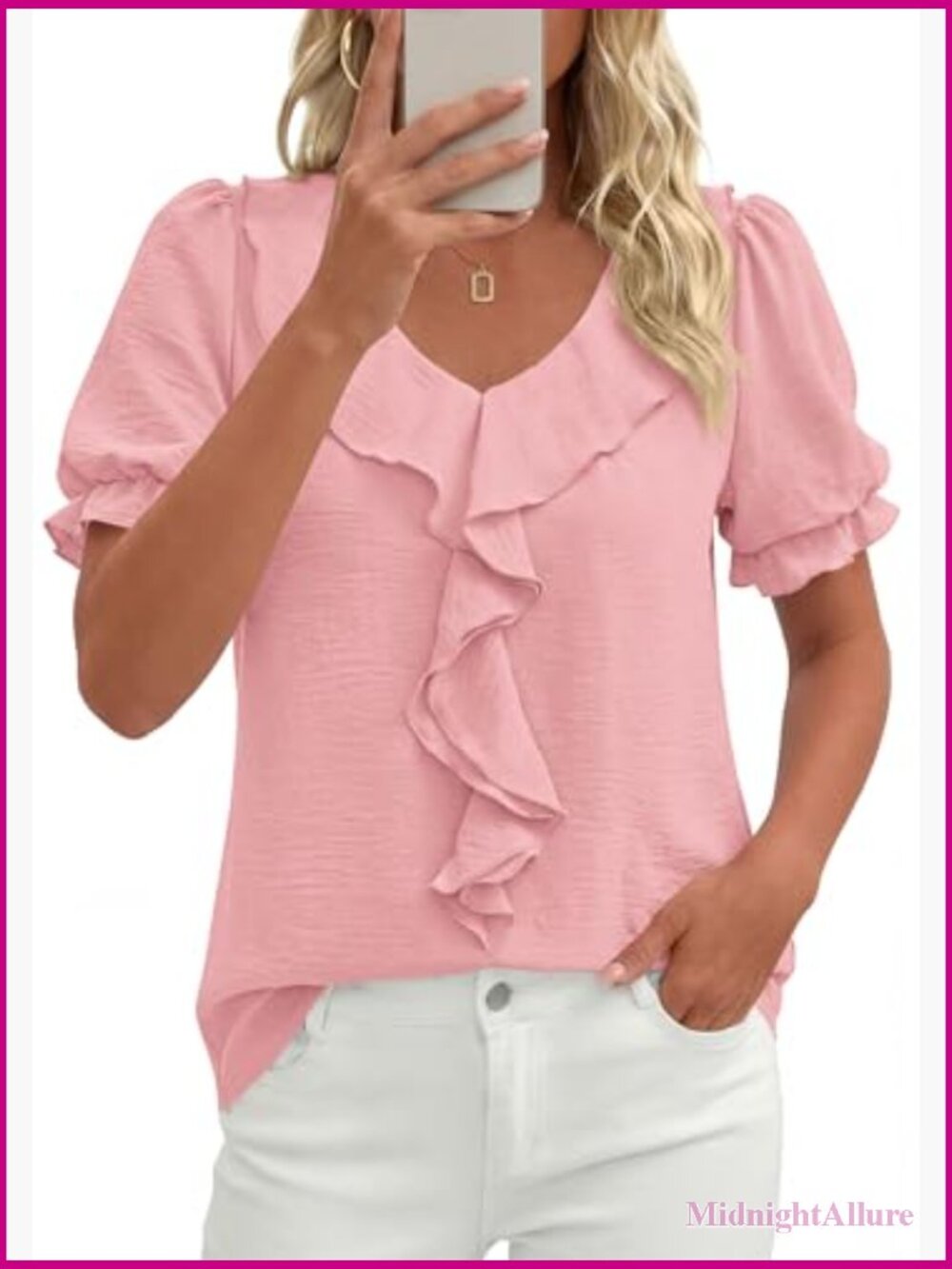 Puff Sleeve V Neck Ruffle Blouse - Short Sleeve Dressy Casual Top - Picture 4 of 7